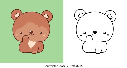 Cute Bear Clipart Illustration and Black and White. Kawaii Clip Art Forest Animal. Cute Vector Illustration of a Kawaii Animal for Stickers, Prints for Clothes, Baby Shower. 