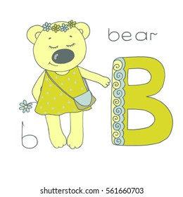 Cute bear with closed eyes in yellow dress. Letter B of the kids alphabet with elements zen tangle, doodling style for children education.
