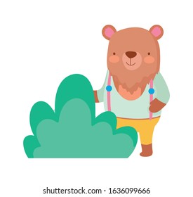 cute bear with clothes bush foliage cartoon on white background vector illustration
