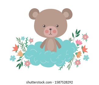 Cute bear with cloud flowers and leaves design, Animal zoo life nature character childhood and adorable theme Vector illustration