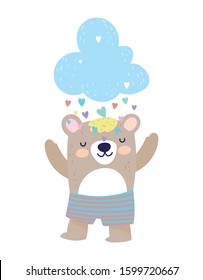 Cute bear and cloud with rain of hearts, Baby shower vector illustration