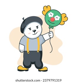 Cute bear with clown balloon, doodle style sticker 
