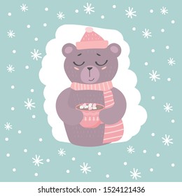 Cute bear with cocoa mug on blue background with snowflakes. Vector illustration.