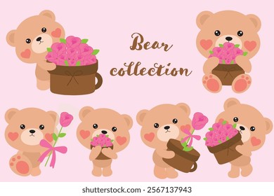 Cute Bear Collection with Flowers Illustration