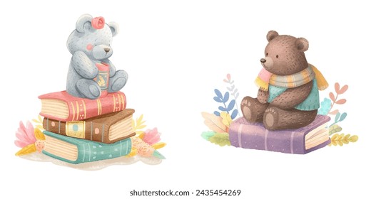 cute bear with color books watercolour vector illustration