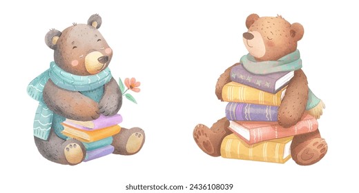 cute bear with color books watercolour vector illustration