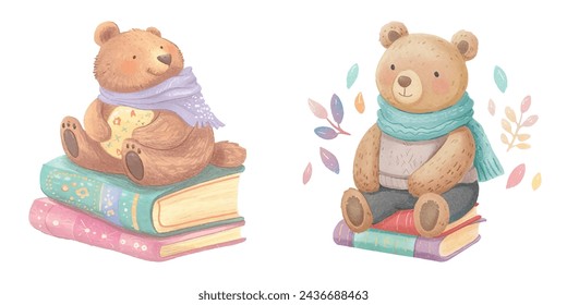 cute bear with color books watercolour vector illustration