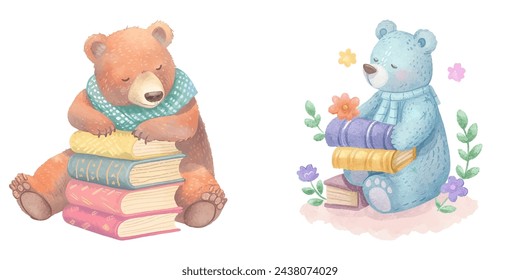 cute bear with color books watercolour vector illustration 