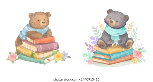 cute bear with color books watercolour vector illustration 