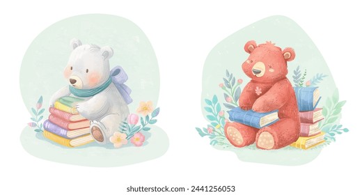 lindo oso con libros de color acuarela ilustración vectorial 