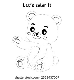 A cute bear coloring pages for kids. Trace and color bear. A bear forest animals vector. Bear outline. Coloring book for kids. Kindergarten and preschool worksheets printable for kids. Forest animals.