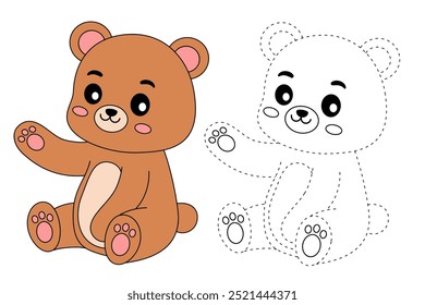 A cute bear coloring pages for kids. Trace and color bear. A bear forest animals vector. Bear outline. Coloring book for kids. Kindergarten and preschool worksheets printable for kids. Forest animals.