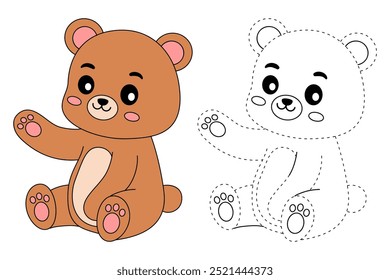A cute bear coloring pages for kids. Trace and color bear. A bear forest animals vector. Bear outline. Coloring book for kids. Kindergarten and preschool worksheets printable for kids. Forest animals.