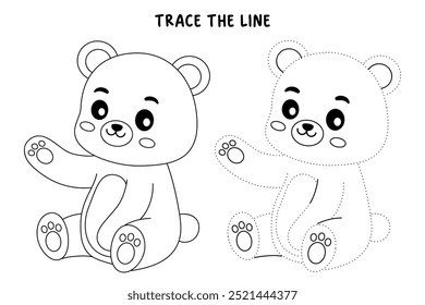 A cute bear coloring pages for kids. Trace and color bear. A bear forest animals vector. Bear outline. Coloring book for kids. Kindergarten and preschool worksheets printable for kids. Forest animals.