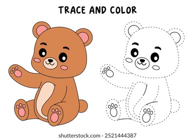 A cute bear coloring pages for kids. Trace and color bear. A bear forest animals vector. Bear outline. Coloring book for kids. Kindergarten and preschool worksheets printable for kids. Forest animals.