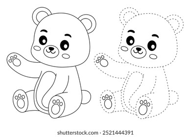 A cute bear coloring pages for kids. Trace and color bear. A bear forest animals vector. Bear outline. Coloring book for kids. Kindergarten and preschool worksheets printable for kids. Forest animals.