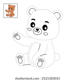 A cute bear coloring pages for kids. Trace and color bear. A cute bear forest animals vector. Coloring book for kids. Kindergarten and preschool worksheets printable for kids. Forest animals.