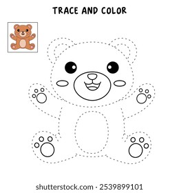 Cute bear coloring pages for kids. Trace and color cute bear. Bear animal flashcard. Cute bear isolated on white background. Kindergarten and preschool worksheets printable for kids. 