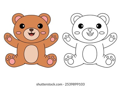 Cute bear coloring pages for kids. Trace and color cute bear. Bear animal flashcard. Cute bear isolated on white background. Kindergarten and preschool worksheets printable for kids. 