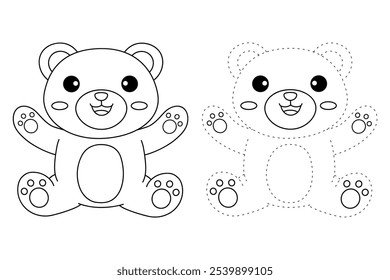 Cute bear coloring pages for kids. Trace and color cute bear. Bear animal flashcard. Cute bear isolated on white background. Kindergarten and preschool worksheets printable for kids. 