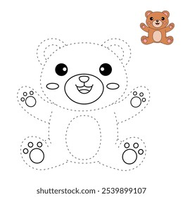 Cute bear coloring pages for kids. Trace and color cute bear. Bear animal flashcard. Cute bear isolated on white background. Kindergarten and preschool worksheets printable for kids. 