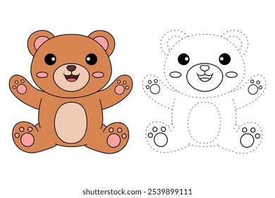 Cute bear coloring pages for kids. Trace and color cute bear. Bear animal flashcard. Cute bear isolated on white background. Kindergarten and preschool worksheets printable for kids. 