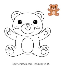 Cute bear coloring pages for kids. Trace and color cute bear. Bear animal flashcard. Cute bear isolated on white background. Kindergarten and preschool worksheets printable for kids. 