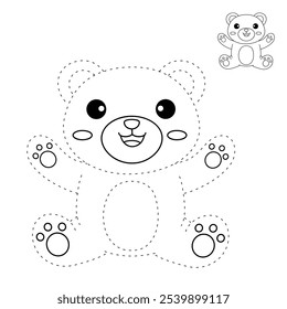 Cute bear coloring pages for kids. Trace and color cute bear. Bear animal flashcard. Cute bear isolated on white background. Kindergarten and preschool worksheets printable for kids. 