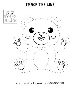 Cute bear coloring pages for kids. Trace and color cute bear. Bear animal flashcard. Cute bear isolated on white background. Kindergarten and preschool worksheets printable for kids. 