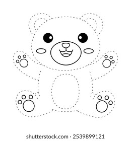 Cute bear coloring pages for kids. Trace and color cute bear. Bear animal flashcard. Cute bear isolated on white background. Kindergarten and preschool worksheets printable for kids. 