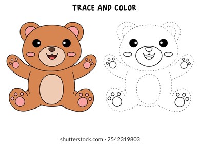 Cute bear coloring pages for kids. Trace and color cute bear. Bear animal flashcard. Cute bear isolated on white background. Kindergarten and preschool worksheets printable for kids. 