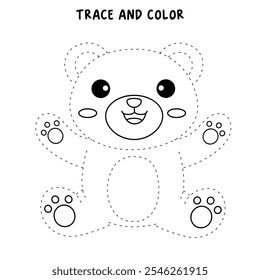 Cute bear coloring pages for kids. Trace and color cute bear. Bear animal flashcard. Cute bear isolated on white background. Kindergarten and preschool worksheets printable for kids. 