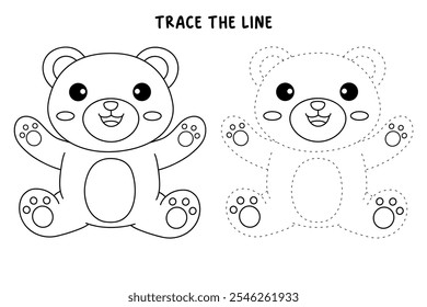 Cute bear coloring pages for kids. Trace and color cute bear. Bear animal flashcard. Cute bear isolated on white background. Kindergarten and preschool worksheets printable for kids. 