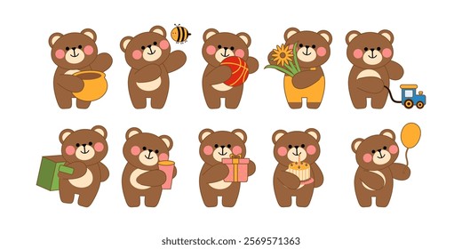 Cute Bear concept flat illustration set. Includes of chibi bear style, bear holding a gift, and bear reading a book. Vector illustration isolated transparent background