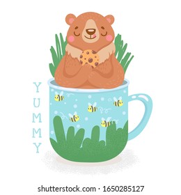 Cute bear with cookie and bees in cup. Relax in cup.Yummy. Kids print. Cartoon vector illustration