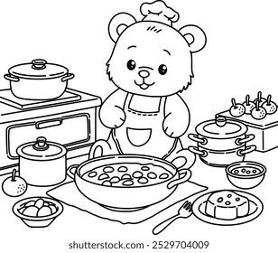 Niedlicher Bär ist Kochen, Malvorlage für Kinder, handgezeichnet, Malbuch, Malvorlage, Vektor, Doodle, Illustration, Umriss, Linie, Zeichentrickfilm, Zeichnung, niedlich, einzeln, weißer Hintergrund, Buch