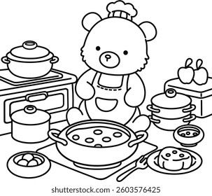 cute bear is cooking, easy coloring for kids, vector, illustration, coloring book, coloring page