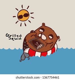 cute bear cooking, Sun Dried Squid, character cartoon, Vector flat style, illustration
