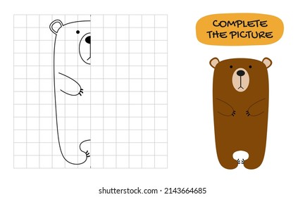 Cute bear. Copy the symmetrical pattern across the cells. Drawing task for children on a grid, educational vector illustration. The page of the coloring book with color sample.