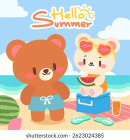 Cute Bear Couple at Beach with Watermelon. Kawaii Bears Enjoying Summer Vacation by the Sea. dorable Beach Scene with Bears, Watermelon, and Sunshine.
