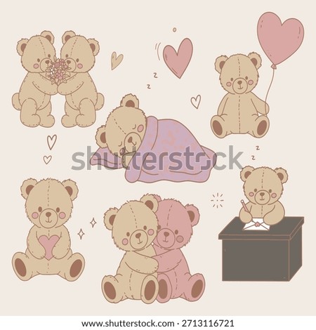 Cute Bear Couple Clipart Set, Romantic Teddy Love Scenes, hugging, sleeping, holding balloons, gifting flowers, and more  in Soft Neutral Colors