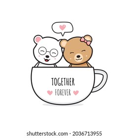 Cute-Bär-Paar in einem Kaffeebecher-Cartoon-Doodle-Karte Symbol-Design flacher Cartoon-Stil