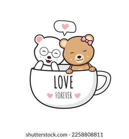 Cute bear couple in a coffee cup cartoon doodle card icon illustration design flat cartoon style