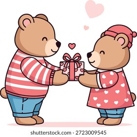 Cute Bear Couple Trocando Presente Amor Ilustração vetorial