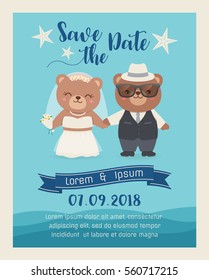 Cute bear couple illustration in marine concept for wedding invitation card design template