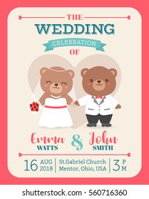 Cute bear couple illustration for wedding invitation card design template