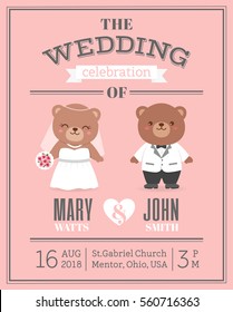 Cute bear couple illustration for wedding invitation card design template