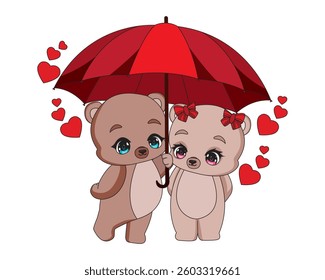 Cute Bear Couple In Red Umbrella Love Illustration