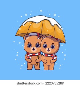 Una pareja de osos bajo un paraguas durante la nevada