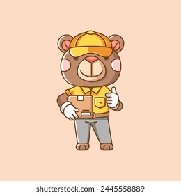 Cute bear courier package delivery animal chibi character mascot icon flat line art style illustration concept cartoon set collection